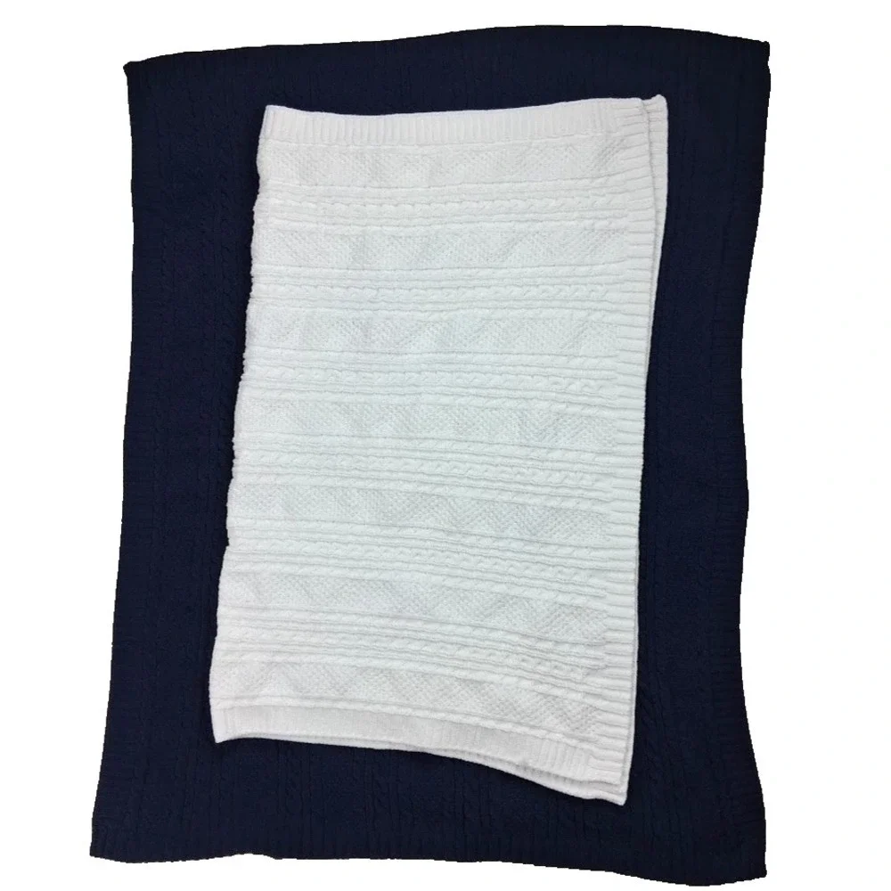 Nordstrom‎ Solid Navy Blue & White Baby Blanket Lot Cable Knit 2pc Unisex EUC
